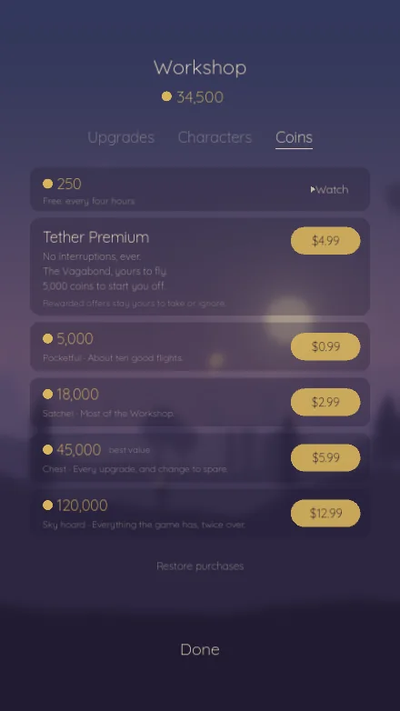 The Workshop's Coins page: a free gift row above the premium unlock and four coin bags.